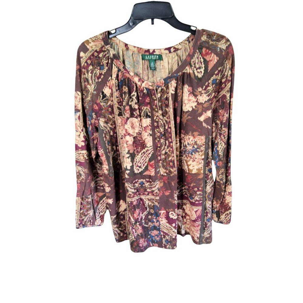 Vintage Womens Ralph Lauren Earth Toned Elastic Long Sleeve Cuff Blouse.